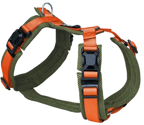Petlando Hundegeschirr Magnetech Y-Comfort – Innovative Magnetschnalle, atmungsaktiv, mit Mesh gepolstert, stufenlos verstellbar – Olive/orange M (Halsumfang 46-74cm, Brustumfang 50-74cm)