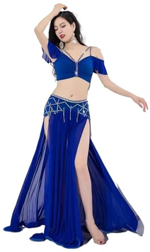 OZLCUA Robe Danse Orientale Tenue de Danse for Femmes, Costume de Danse du Ventre de Groupe, Jupe Longue Extensible, Robes d'entraînement for Filles avec Franges(Blue,L)