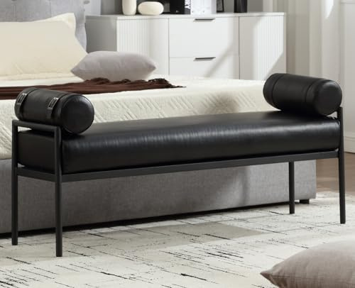 Moderne schwarze Leder-Polsterbank mit abnehmbaren zylindrischen Kissen, stilvolle 140 cm große Metallbeine, Ottomane für Wohnzimmer, Schlafzimmer, Eingangsbereich, Flur, Eckmöbel
