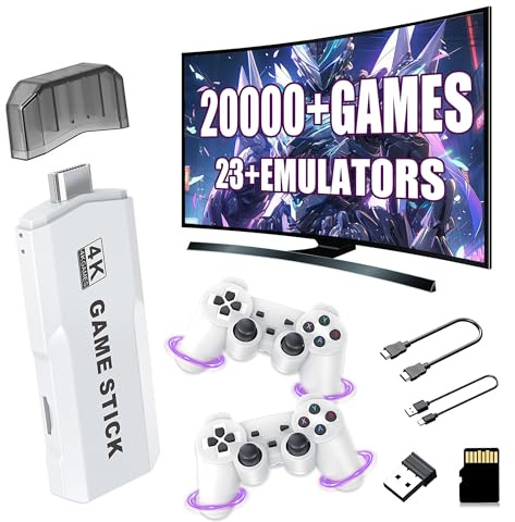 M2 Console per videogiochi retrò Retro Game Stick con uscita 4K HD,oltre 20000 giochi,23 emulatori,processore dual-core Cortex-A7,console per videogiochi plug&play con 2 controller wireless (64 GB)