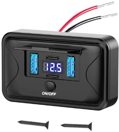 4 Port USB C Charging Socket, 66W Car Charger Socket with LED Display and ON/Off Button,Dual 18W QC3.0 & 30W PD Type C Quick Charge Socket Outlet for 12V/24V Motorcycles,Boats,Marine,RVs