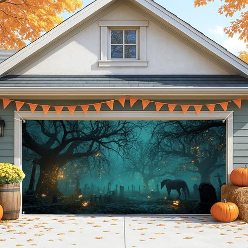 Spooky Horse - Cubierta para puerta de cochera con diseño de bosque embrujado, decoración grande para puerta de garaje, decoración de fondo de fiesta de Halloween para interiores y exteriores, 157 x