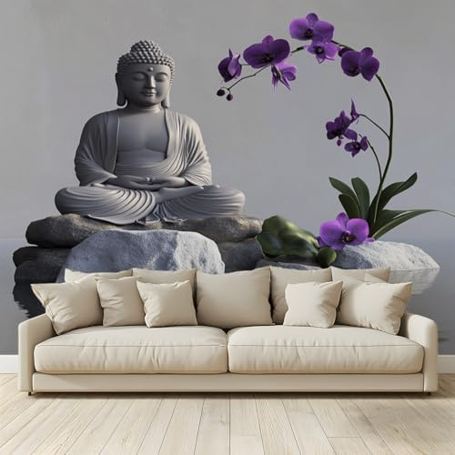 MKBKLI Papel pintado fotográfico de orquídeas moradas jardín zen – Diseño para paredes habitación – Fotomural no tejido 250 x 175 cm – Pegamento no incluido