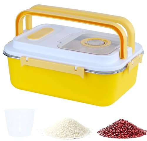 ANMOO 7.5L Rice Storage Container, Stainless Steel Food Bin, Yellow | Airtight food canister with timer lid & handle, measuring cup & spoon for pasta, flour, sugar and kitchen pantry dry goods