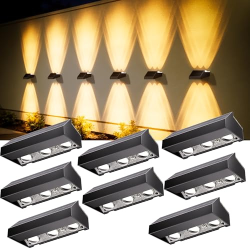 Quntis Solar UP och Down staket ljus utomhus, 8Pack 6LED sol vägg ljus 12 lägen varm vit & RGB, IP44 Sconce för balkong steg trappa gård däck garage trädgård uteplats veranda promenad framdörr hall