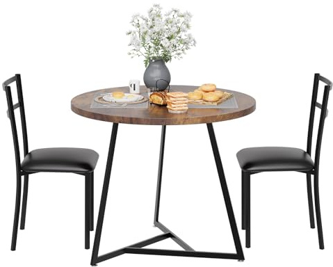 GarveeMore Juegos de Muebles de Comedor,Redonda Mesa Cocina con 2 Sillas, Estructura Robusta, para Comedor y Salón, Mesa 80 x 75 cm, Vintage