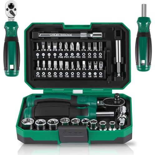 Bryazal 40 Pcs 1/4 Socket Set Driver Bits Metric Tool Set | with Flexible Extension Rods CRV Sockets/Deep Sockets Tool with Storage Case for Car Bicycle Repair & DIY