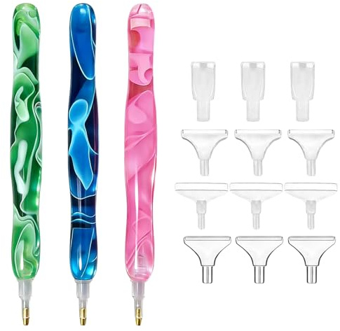 Diamond Painting Stift Set (Kunstharz), 3 Stück Kunstharz Diamant Malstift, 5D Diamant Malerei Punktbohrer, 15 Aufsätze, Drill Pen Werkzeug für DIY Stickerei, Nagelkunst & Kreuzstich