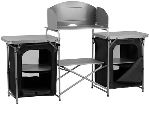 CampFeuer Meuble de Camping Aluminium Cuisine, 171 x 111 x 48 cm, Armoire Pliable avec Protection Anti-éclaboussures, de Nombreuses étagères et Compartiments de Rangement