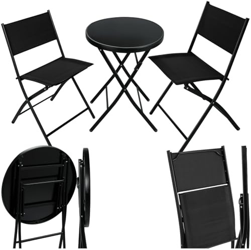 tectake® Conjunto Muebles Jardín Exterior 3 Piezas con Estructura de Acero, Mesa y Sillas Terraza Resistentes a Intemperie, Topes en Patas, Tela de Secado Rápido, Asas para Fácil Transporte - Negro