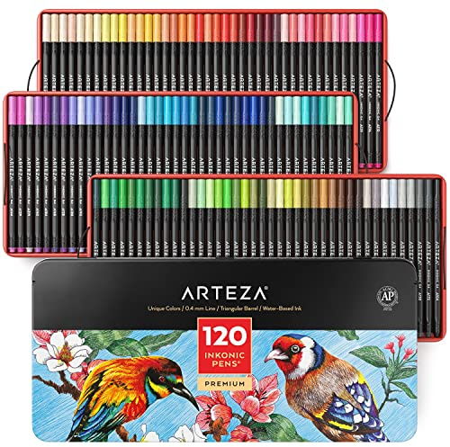 ARTEZA Inkonic Fineliner Pens, Set of 120, 0.4 mm Fine Tip Markers for Drawing, Journaling, Coloring & Note Taking