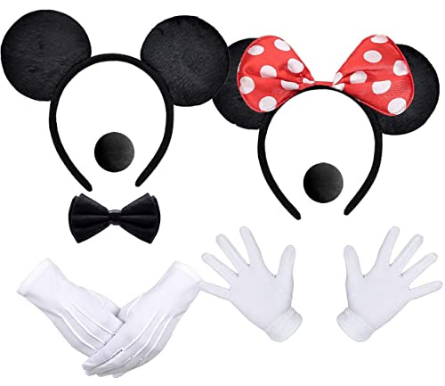 iZoeL 2Stk Haarreifen mit Maus Ohren Rote Schleife und Schwarz + 2 weiße Handschuhe + 2 Nase + 1 Fliege Schleife,Fasachingkostüme Accessoire Karneval Mottoparty Cosplay Halloween Kostüm