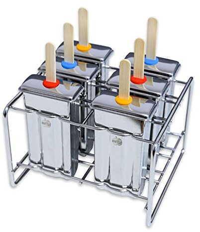 Brotzeit 6er Set Edelstahl Eisform eckig mit Ständer und Bambussticks Eisstiehlform Eisstiel Form