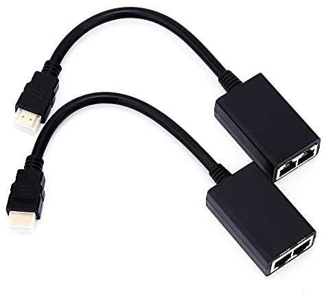 Restokki Extender HDMI su RJ45 CAT5e CAT6 LAN Ethernet Network Balun Adattatore ripetitore Fino a 100 Piedi 1080P Cavo HDMI (30 m mittente, Ricevitore, 2 Porte RJ45)