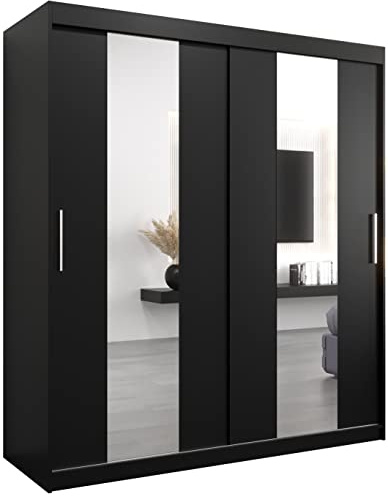 ABIKSMEBLE Pole 180 Armoire à Deux Portes Coulissantes pour Chambre à Coucher - Moderne Armoire de Rangement avec Miroir, Tringle et Étagères - 180x200x62 cm (L x H x P) - Noir Mat