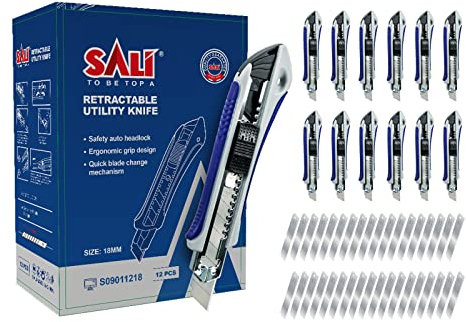 SALI Cuttermesser Set [12 Stück] aus Aluminium für,Allzweckmesser mit Gummigriff,Robuste Teppichmesser inkl,36 SK5 Carbonstahl Abbrechklingen 18mm,mit Geschenkbox geliefert