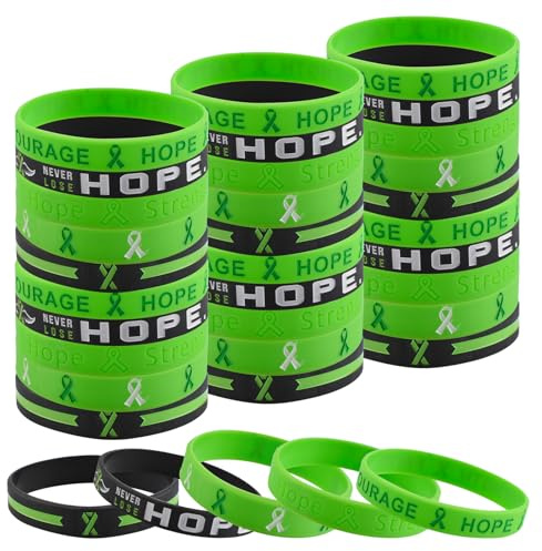 WANDIC 30Pcs Green Ribbon Mental Health Bracelets Mental Health Awareness Wristbands Green Ribbon Bracelets Elastic Silicone Souvenir Wristbands for Charity Event