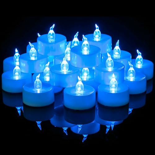 Yakpo Lot de 36 bougies LED bleues chauffe-plat sans flamme à piles avec effet flamme vacillante pour décoration de mariage, fête, Noël, Halloween, citrouille