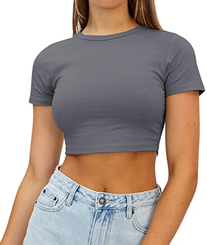AirMood Maglietta Tee estiva cropped da donna a maniche corte casual, grigio., S