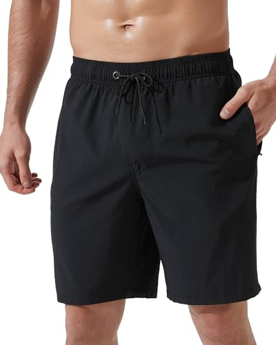 Arcweg Herrbadbyxor, 23 cm långa surfshorts, snabbtorkande strandbaddräkt med dragkedja, fickor och nätfoder (storlek XS–2XL), Svart, M