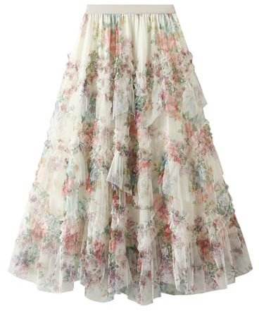 Skang Damen Röcke Midi Sommer Unregelmäßiger Patchwork-Bunter Blumenrock für Damen, dreilagiger Netzrock, A-Linien-Rock Midirock Sommer