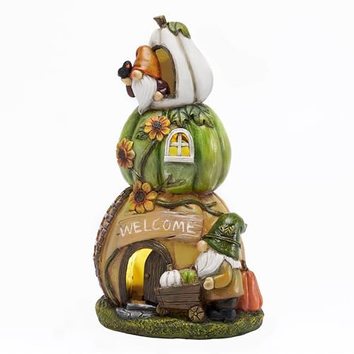 TERESA'S COLLECTIONS Gartendeko für Draußen, Wetterfeste Kürbishaus mit Solarleuchte, Gartendeko aus Kunstharz, Feenhaus Outdoor,Orange Feenhaus Garten Deko,Geschenke für Frauen 24cm