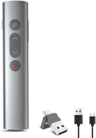 Presentation Clicker with Red Pointer, Metal Material Wireless Presenter Powerpoint Remote Clicker for Mac/Laptop, USB-C Rechargeable PPT Slideshow Slide Advancer with Volume Control and Hyperlink