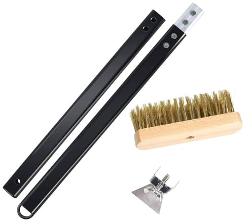 Reinigungsbürste mit Schaber und Stahlborsten für Pizza, Grill, Ofenbürste, Pizza Ofen, Pizzaofen Reinigung Messing Bürste mit Holzgriff, Messingborsten
