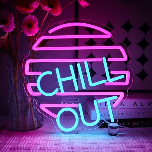 OYCGZV Chill Out Neon Ljus Skylt - Blå Rosa Neon Skylt för Väggdekoration Bokstav Neon Vägglampa USB Led Skylt för Hem Game Zone Vardagsrum Sovrum Man Cave Party Öl Bar Pub Cafe Party