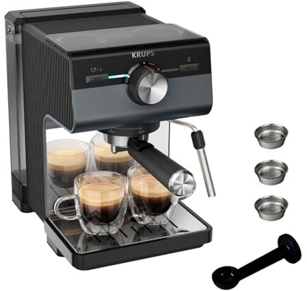 Krups Cafetera Espresso Manual, Authentic+, 15 bares de presión, Espumador de leche, Ajuste Manual, Cuchara Medidora y Compactadora, Depósito de 2 L de capacidad, Negra, XP384G