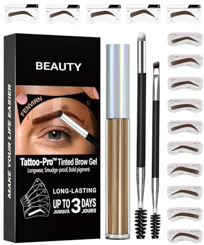 Kit de coloration pour sourcils - Gel couleur avec pochoirs, peinture gel de tatouage, facile à utiliser, dure 3 jours et résistant à l'eau, marron