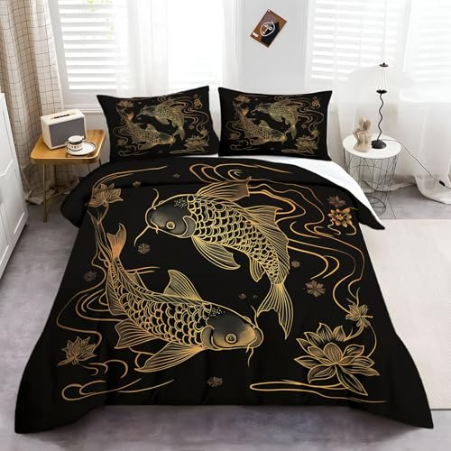 Duvet Cover Set Double, 3 Piece Line Carp Swimming Print Bedding Set Black And Gold Polyester Soft Quilt Cover with 2 Pillow Cases, for Girls Boys Children Adults