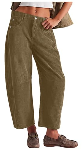 DUHENWU Corduroy Trousers for Women UK Wide Leg Baggy Jeans Barrel Mid-Rise Elastic Waist Cord Pants Light Weight Straight fit Stretchy Trousers Leg Yoga Joggers with Pockets Coffee
