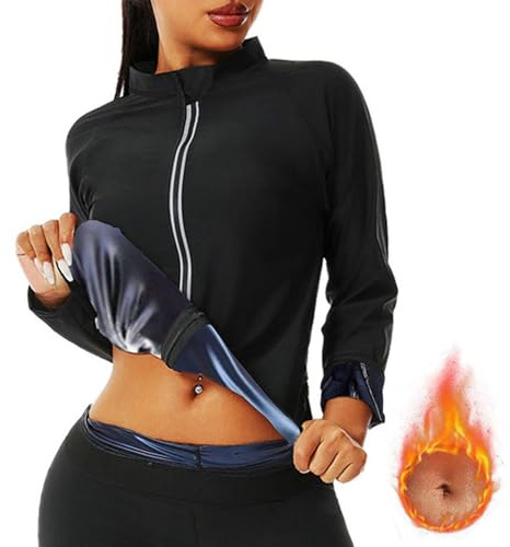 Weyot Tuta Sauna Dimagrante Donna, Maglia da Sauna Donna, Fitness Sudorazione Body Shaper, Maglietta di Sudorazione Manica Lunga con Cerniera per Palestra Giacca Sportiva Sauna Suit,2XL,Blue
