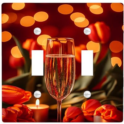 Romantic Celebration Light Switch Cover Plates/Outlet Covers, Elegant Red Tulips and Sparkling Champagne for Wall Decor, Thermoplastic Wall Plates, Standard Size Double Toggle