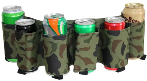 Biergürtel, Tragbarer Bierhalter für 6 Flaschen, Verstellbarer Bierholster mit Flaschenöffnern, Für Camping, Wandern, Partys & Outdoor-Aktivitäten, Tarnfarben
