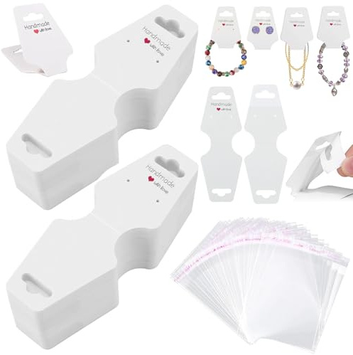 200 Pcs Jewellery Display Cards with Small Bag, Self-Adhesive Keyring Display Cards Kraft Paper Handmade Hanging Tags for Storing and Displaying Necklace Bracelet Earring Jewellery Hairbands (White)