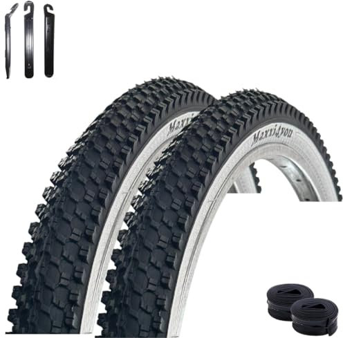 2 x maxxi4you HY-8008 Fahrradreifen Schwarz/Weiß 54-507 (24 x 1,95) + 2 x passende Schläuche DV inkl. maxxi4you Reifenheber