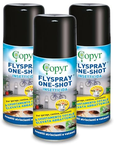 Copyr FlySpray OneShot - Insetticida Aerosol contro Mosche Scarafaggi Formiche Pulci Zecche, Insetti delle Derrate, 150ml x 3 Pz - con Piretrine Pure, Azione Abbattente a Svuotamento Totale