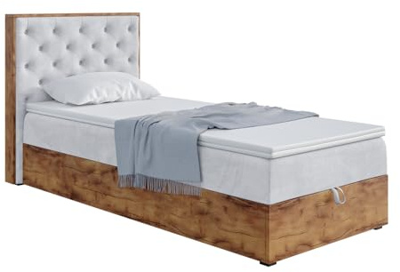 MEBLINI Boxspringbett mit Bettkasten - Gepolstert Einzelbett mit Matratze und Topper - Polsterbett mit Stauraum - Bett mit Kopfteil - Stauraumbett - Lofty 3-90x200 - H3/Hellgrau Samt