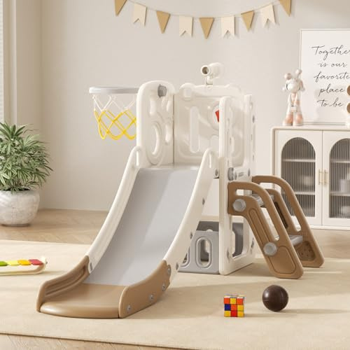 Structure Jeux Toboggan pour Enfant: Aire de Jeux Intérieure et Extérieure Enfant avec Coffre de Rangement Tunnel Escalier Echelle Panier de Basket et Zone de Passage (Elf-A-Brown)