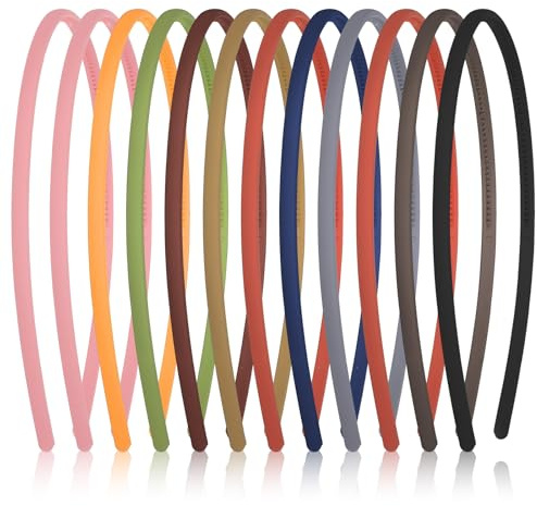 Xinjoduz 12 cerchietti sottili da donna, 0,5 cm, tinta unita, in plastica satinata, sottili, con denti, fascia elastica per capelli, accessori fai da te per donne e ragazze