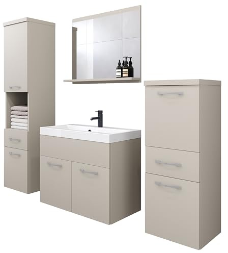 PIASKI Alba Badmöbel-Set mit Waschbecken, hoher Schrank, Spiegel mit Regal, MDF-Platte, Metallgriffe, 6-teilig, Cashmir-Beige