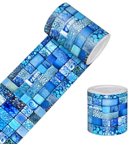HOMETITUTE Wallpaper Border Peel and Stick Decorative Wall Trim Self Adhesive Mosaic Tile Accent Strip for Bathroom Kitchen Laundry Room Pool Area Mirror Frame Sink Edge Blue Wall Decor 4x196 Inch