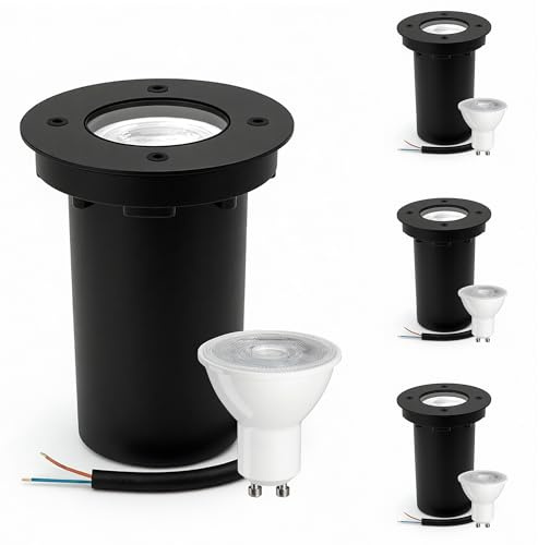 JNR 4er Set Bodenstrahler Außen GU10 IP67 Wasserdicht mit LED 5W 3000K Warmweiß, Bodeneinbaustrahler Aussen 230V Bodenleuchten Außen, Schwarz