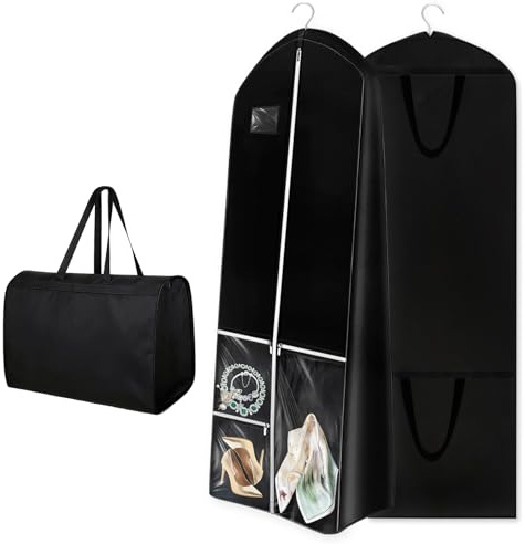 Kleidersack Lang 180×60 cm, Faltbare Kleiderhülle mit 4 Taschen, Atmungsaktiver Kleidersack mit Griffen,26cm Seitenlänge,Staubdichte Kleidungsschutztasche,Für Brautkleider,Abendkleider,Mäntel(Schwarz)