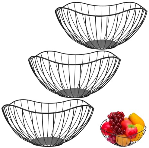 3 Pcs Black Metal Fruit Bowls Baskets, 27x12cm Large Wire Fruit Baskets Wide Deep Fruits Holder for Kitchen Counter, Home Decor, Table Centerpiece