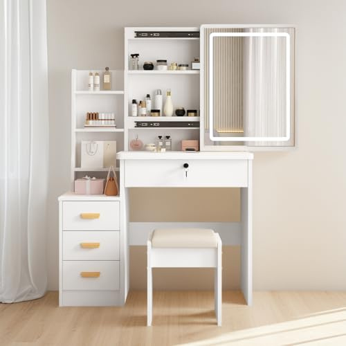 YuYe Coiffeuse avec éclairage LED, miroir à luminosité réglable, coiffeuse avec tabouret, coiffeuse avec 5 tiroirs et 3 étagères, moderne, en bois, couleur blanche (125)