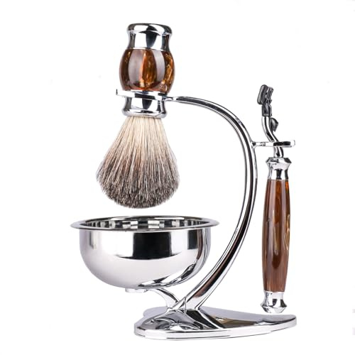 Magyfosia Luxuriöses Rasierhobel-Set mit 3 Klingen für Männer – Nassrasier-Set mit manuellem Rasierer, herzförmigem magnetischem Ständer, Dachshaarpinsel und Schaumschale, ideales Urlaubsgeschenk für
