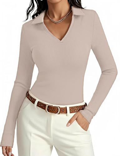 Aottori Maglia Basic Donna con Scollo a V Elegante Maglietta a Maniche Lunghe Polo Shirt Aderente Top a Coste Elasticizzato Casual Business Beige M